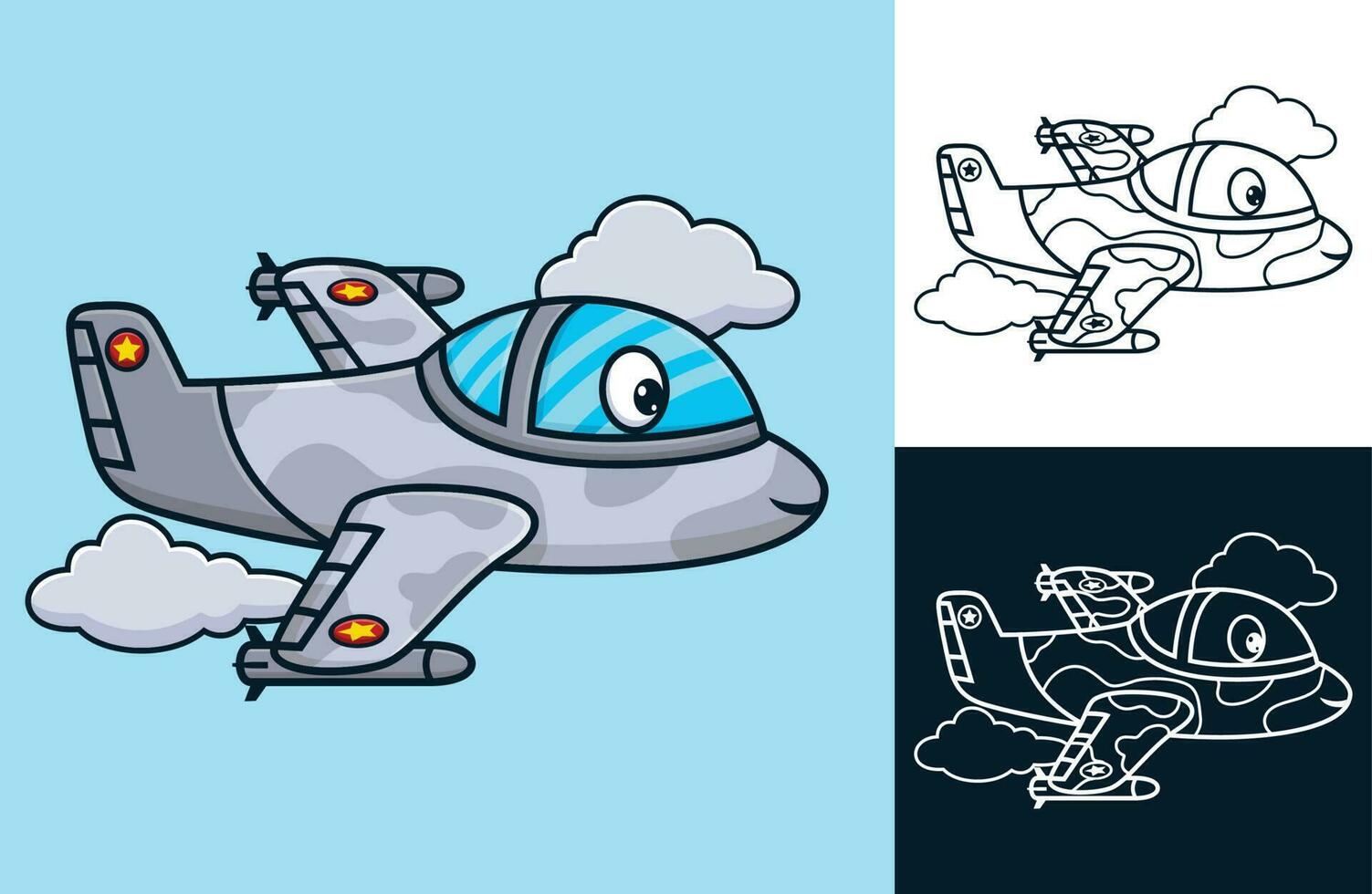 Funny fighter jet. Vector cartoon illustration in flat icon style