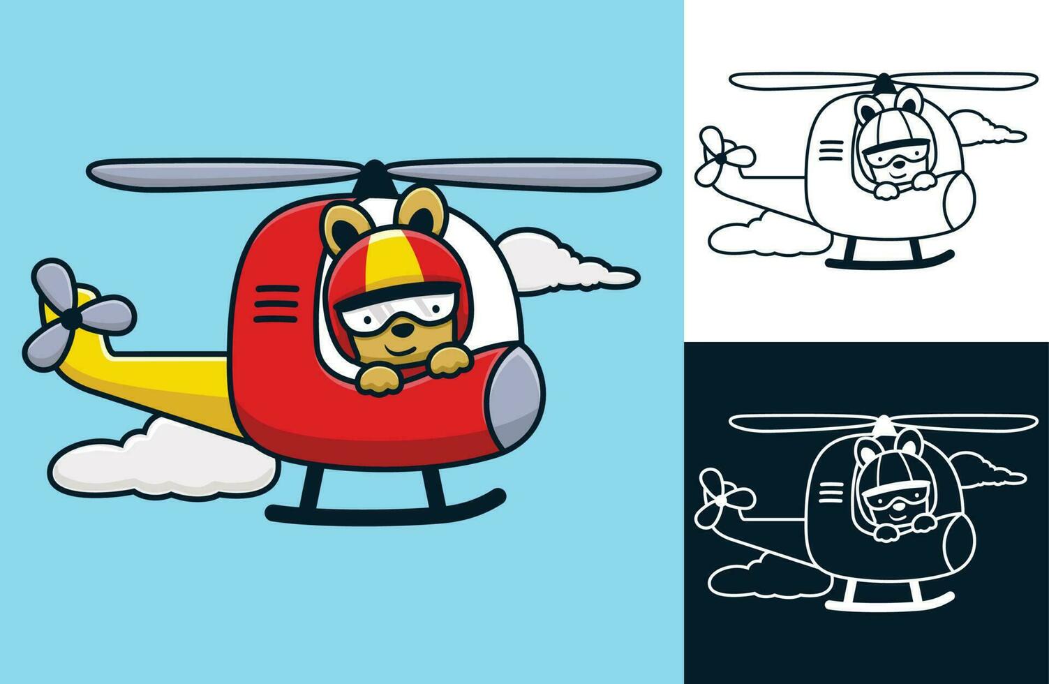 Rabbit wearing pilot helmet on helicopter. Vector cartoon illustration in flat icon style