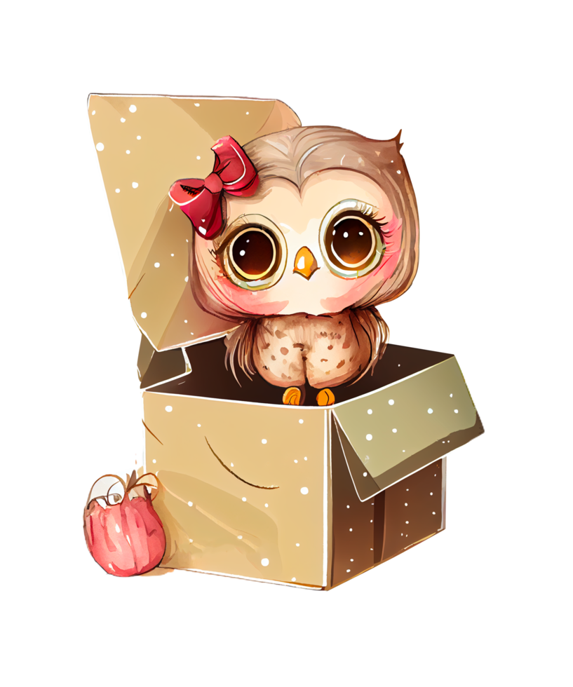 Cute Owl girl in gift box Watercolor Sublimation png