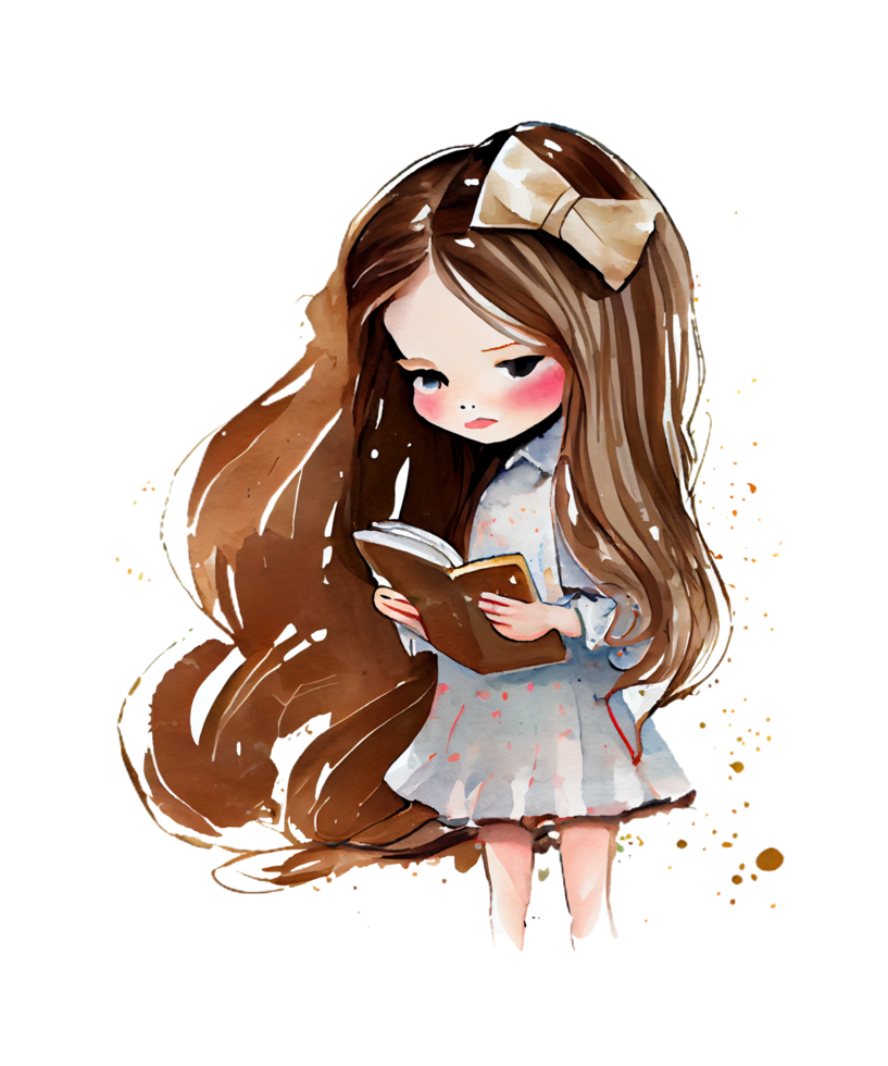 cute long haired girl and books watercolor sublimation png