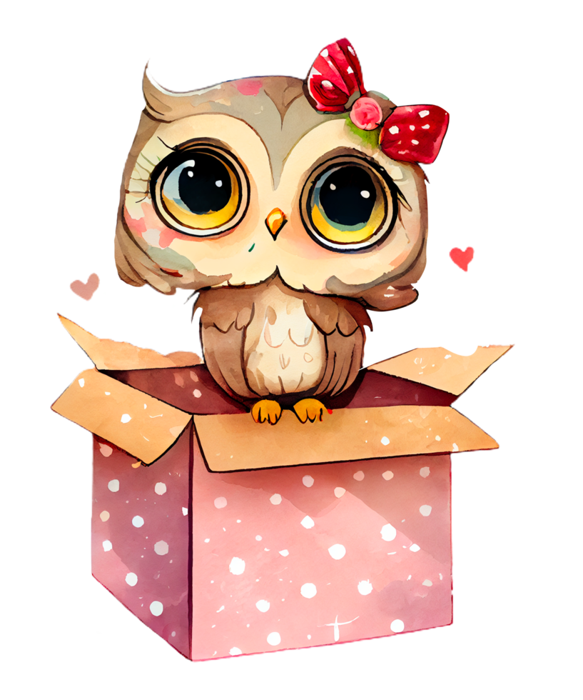 Cute Owl girl in gift box Watercolor Sublimation png
