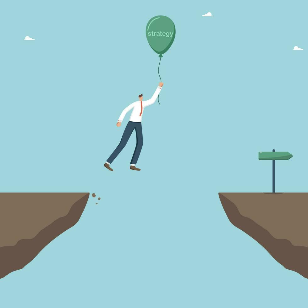 Follow a right development strategy, move a specified plan and achieve your goals, methods and ways to achieve success in a career or business, new opportunities, man on a balloon flies over a cliff. vector