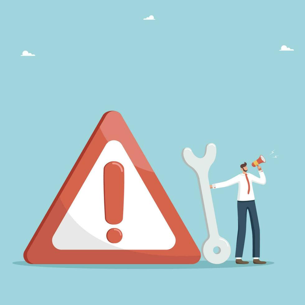 Methods and possibilities for solving a difficult situation or problem, technical support, readiness for any unforeseen circumstances, man with loudspeaker and wrench stands near a danger road sign. vector