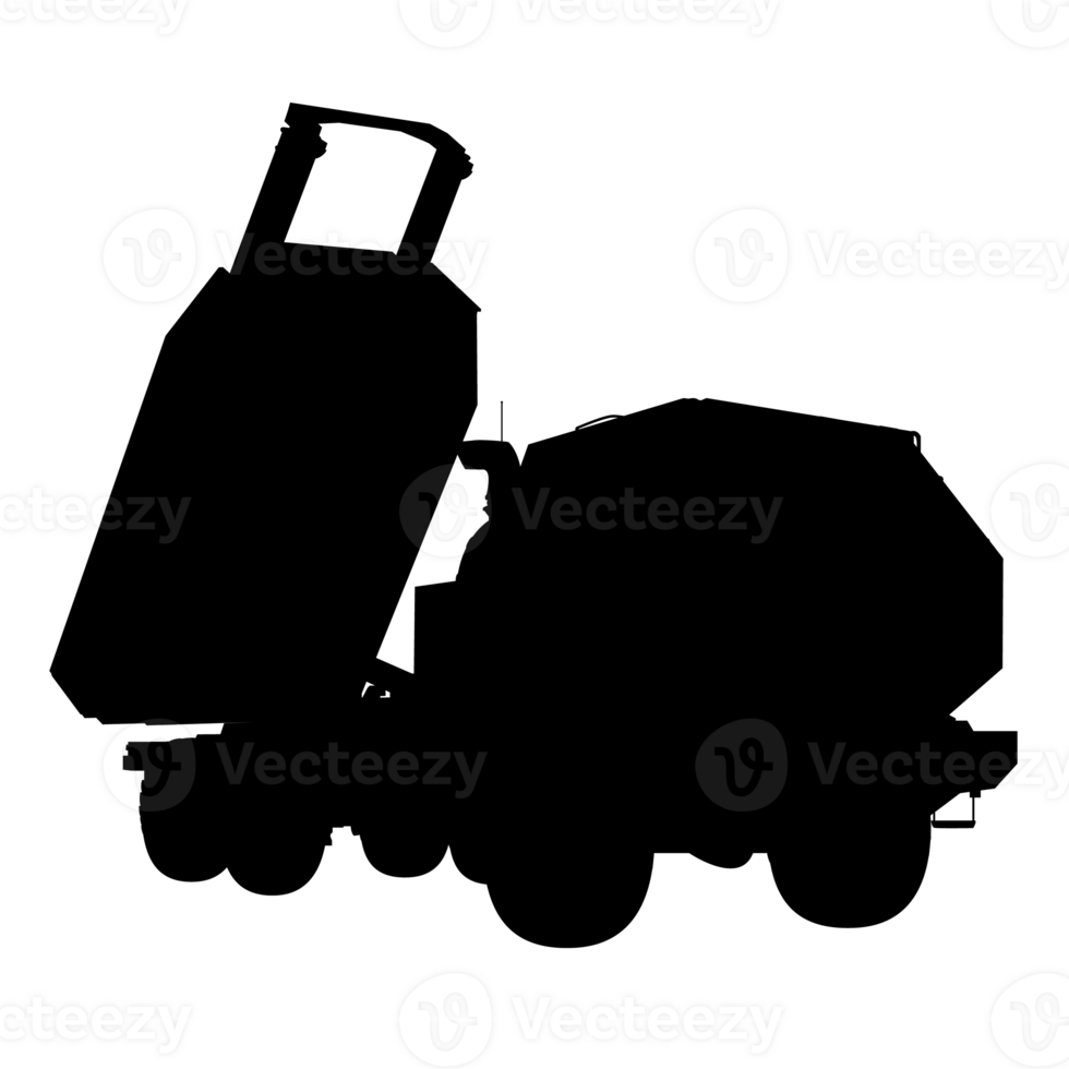 himars silhouet. hoog mobiliteit artillerie raket systeem. tactisch vrachtwagen. PNG illustratie.