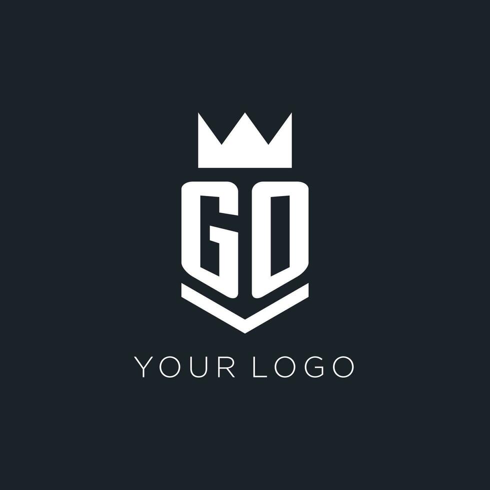 GO logo with shield and crown, initial monogram logo design vector
