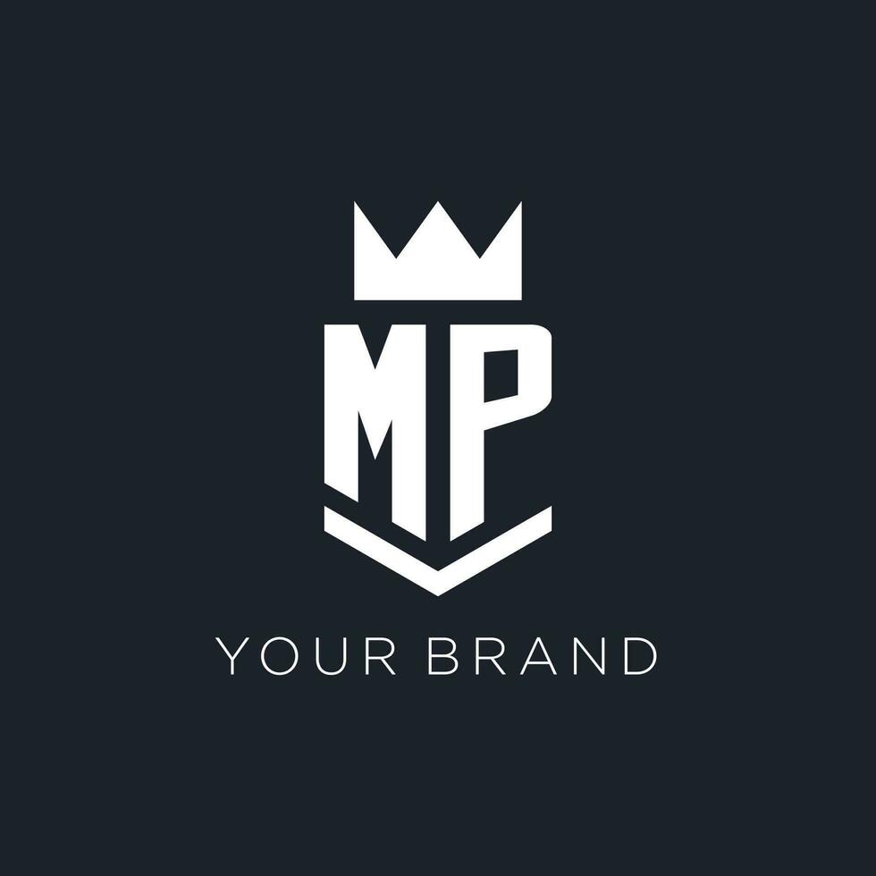 MP logo with shield and crown, initial monogram logo design vector