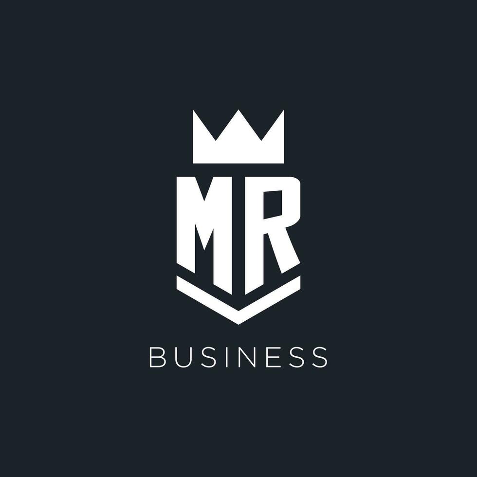 MR logo with shield and crown, initial monogram logo design vector