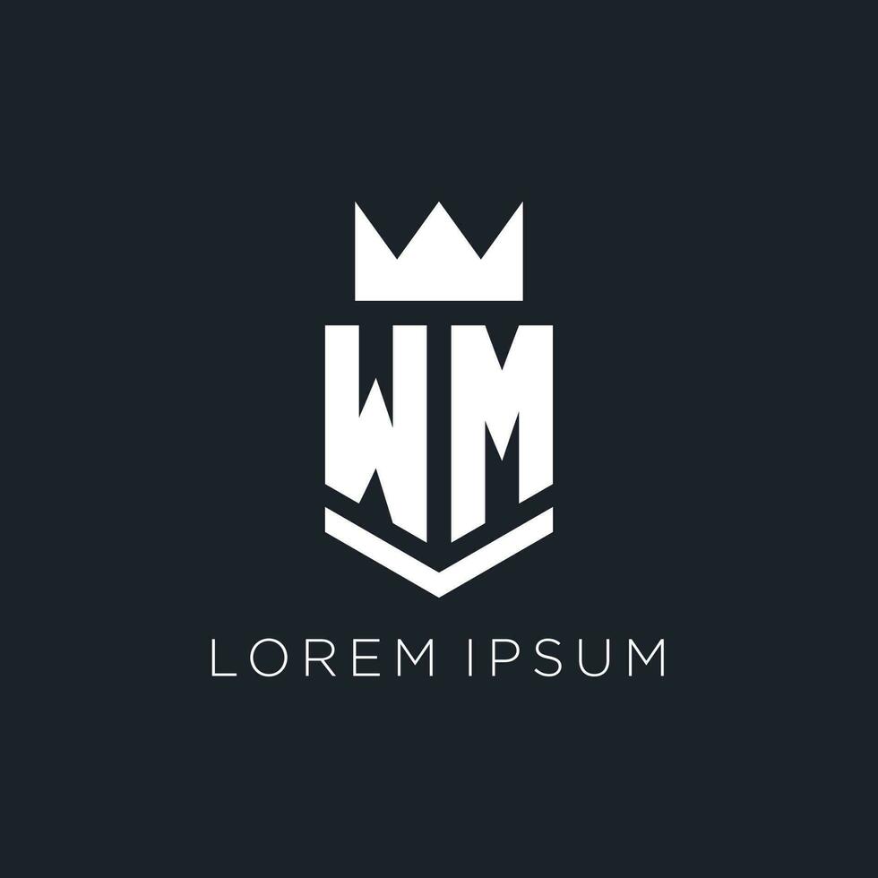 WM logo with shield and crown, initial monogram logo design vector