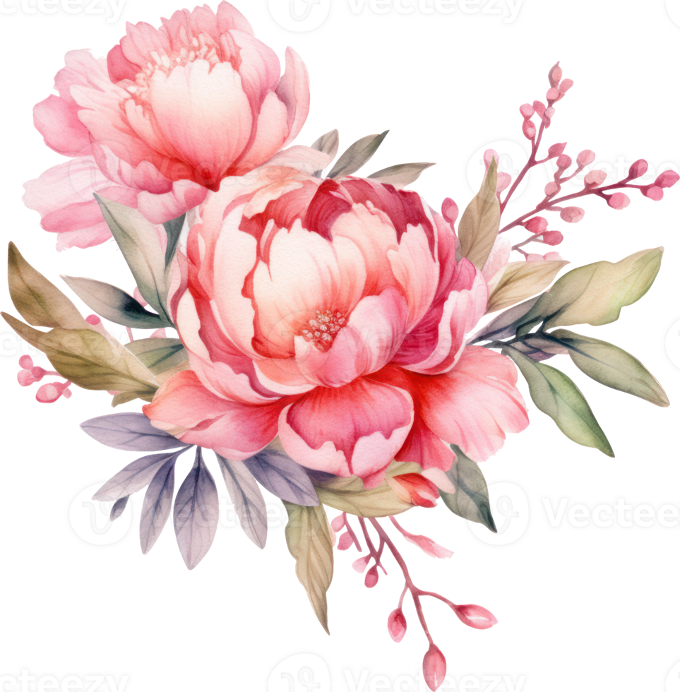 Pink Flowers wreath watercolor illustration. png