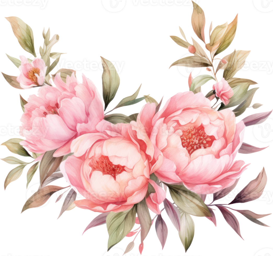 Pink Flowers wreath watercolor illustration. png