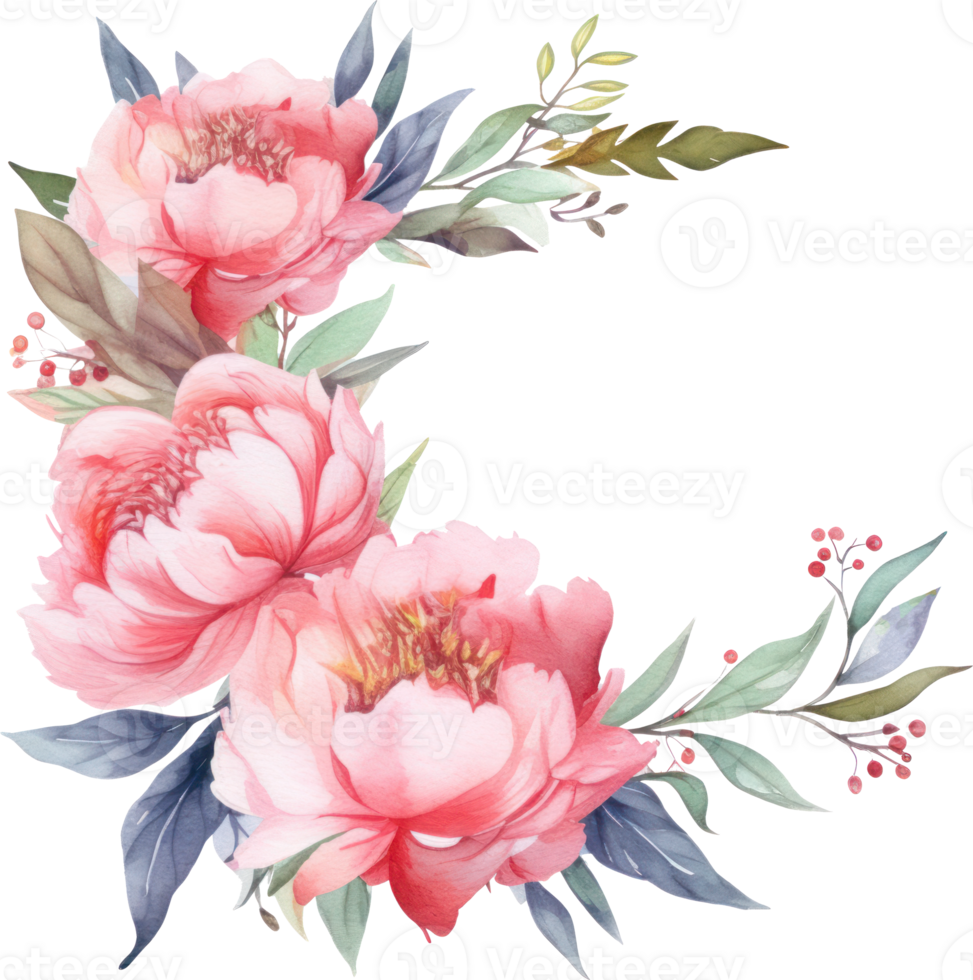 Pink Flowers wreath watercolor illustration. png
