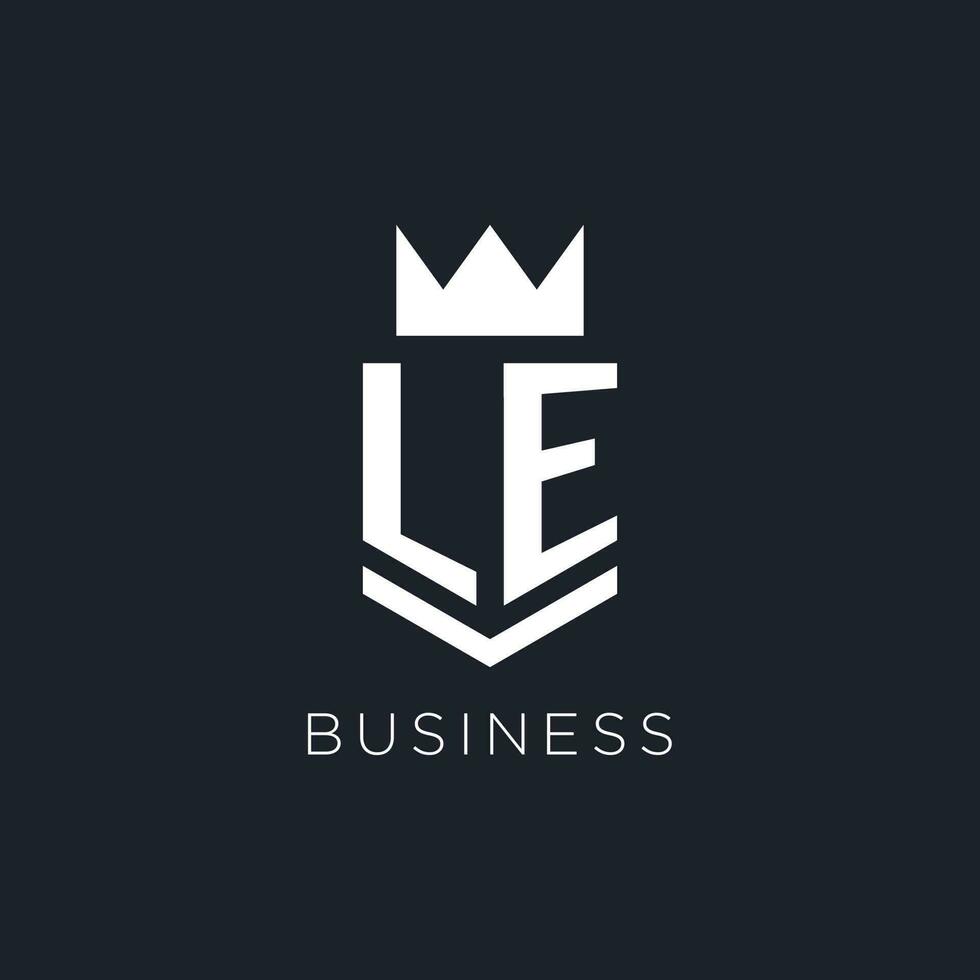 LE logo with shield and crown, initial monogram logo design vector