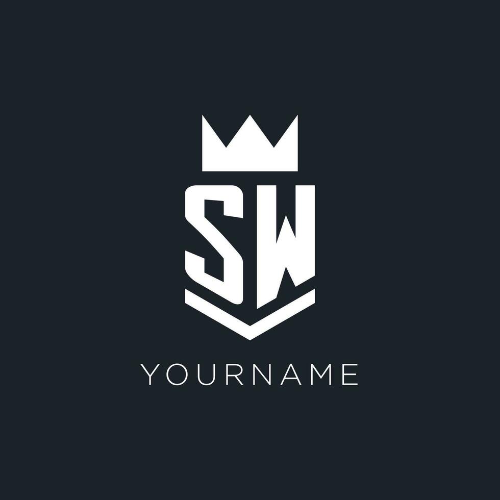 SW logo with shield and crown, initial monogram logo design vector