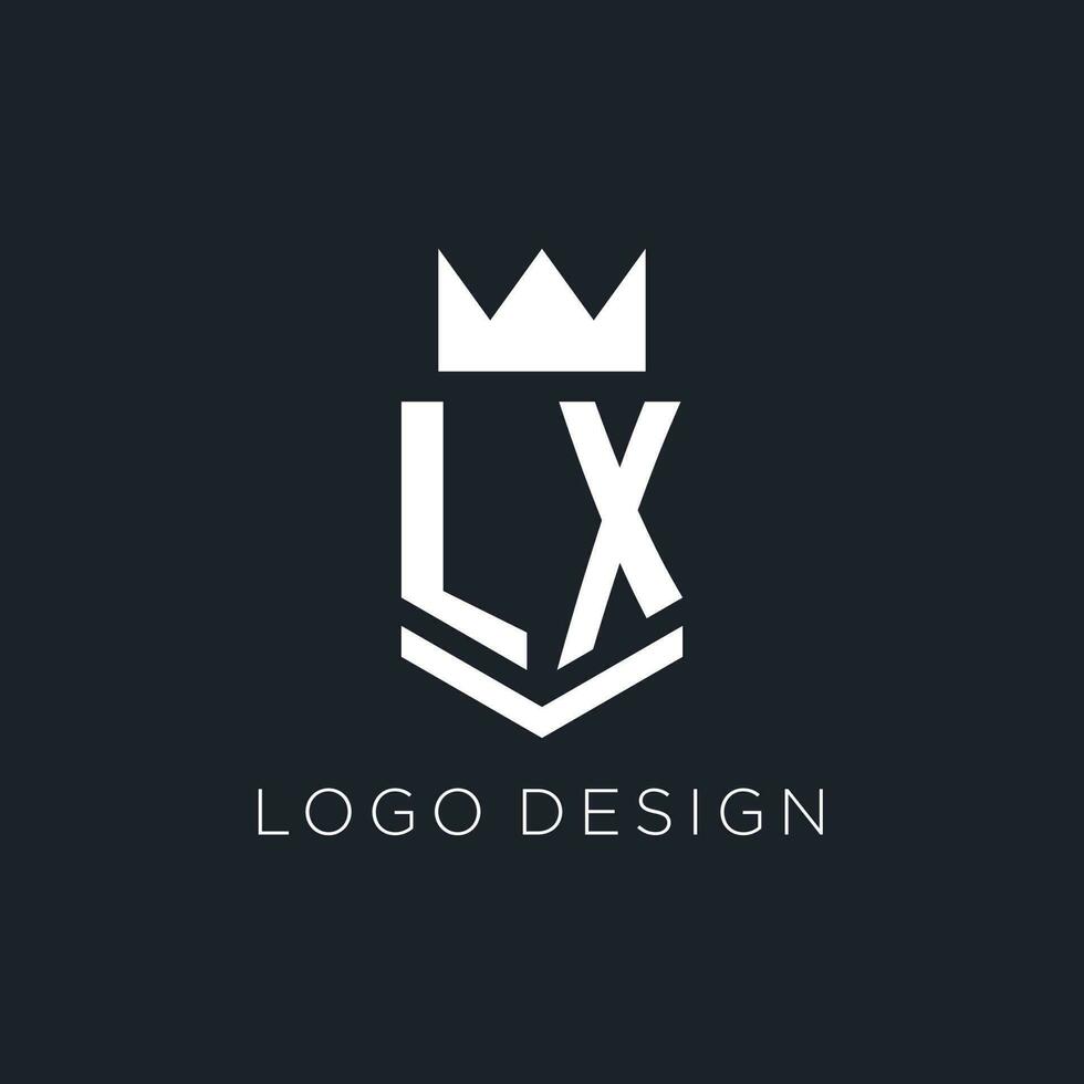 LX logo with shield and crown, initial monogram logo design vector