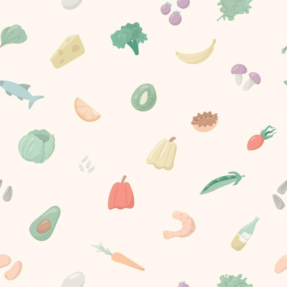 Vector illustration of a group of cartoon objects. Seamless pattern, healthy food with vitamins and minerals. Vegetables, fruits and cereals. Background decoration.