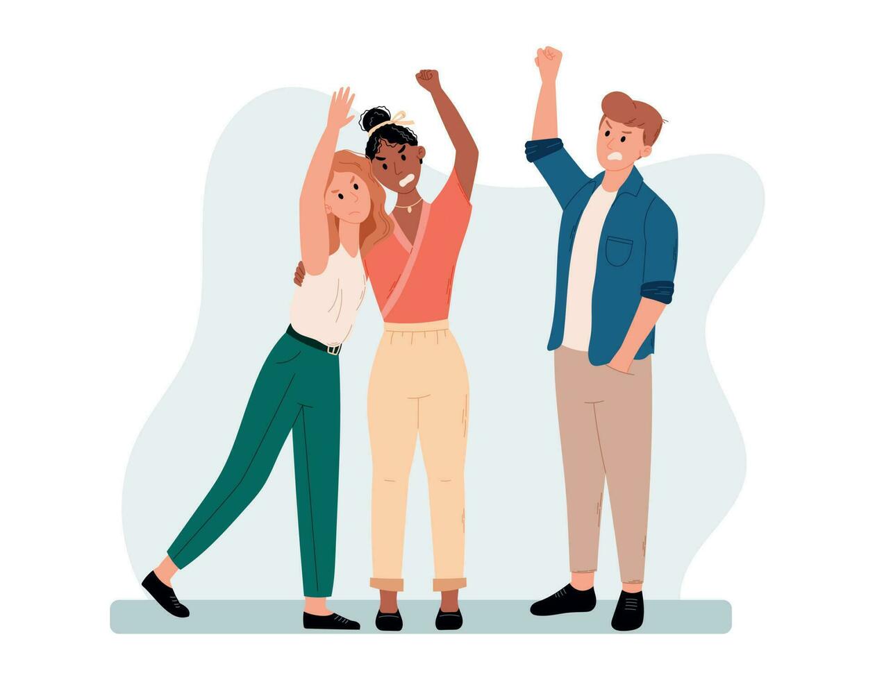 A crowd of people protesting. Women and man defending their rights with raised hand at a social rally or vote. Vector isolated cartoon illustration.