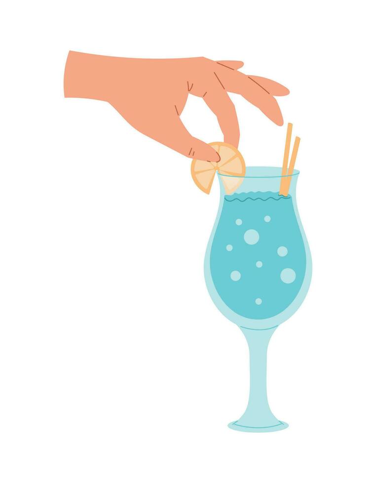 Flat Human hand and glass goblet of drink with a slice of lemon and drinking straw. Alcoholic cocktail or soda with bubbles. Vector isolated cartoon illustration.