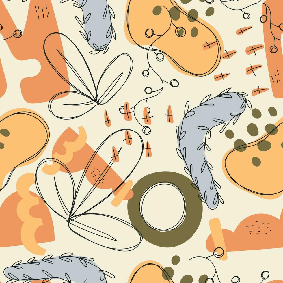 Abstract vector seamless floral pattern. Geometric shapes and various spots, line art branches and leaves.