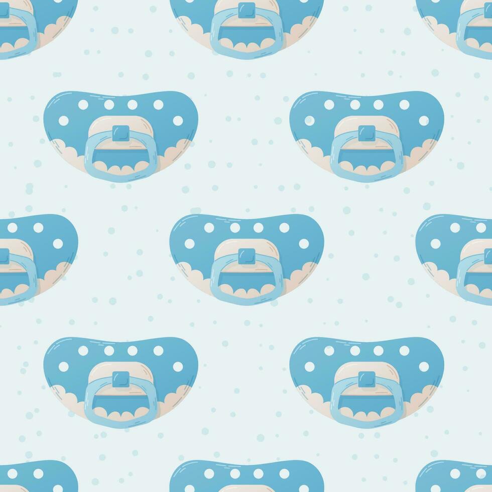 Baby blue flat style pacifier. Vector seamless cartoon pattern.