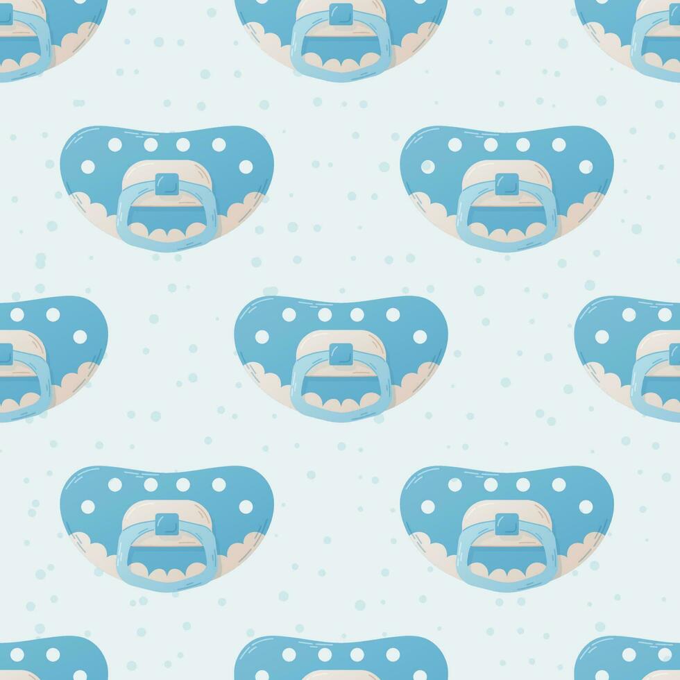 Baby blue flat style pacifier. Vector seamless cartoon pattern.