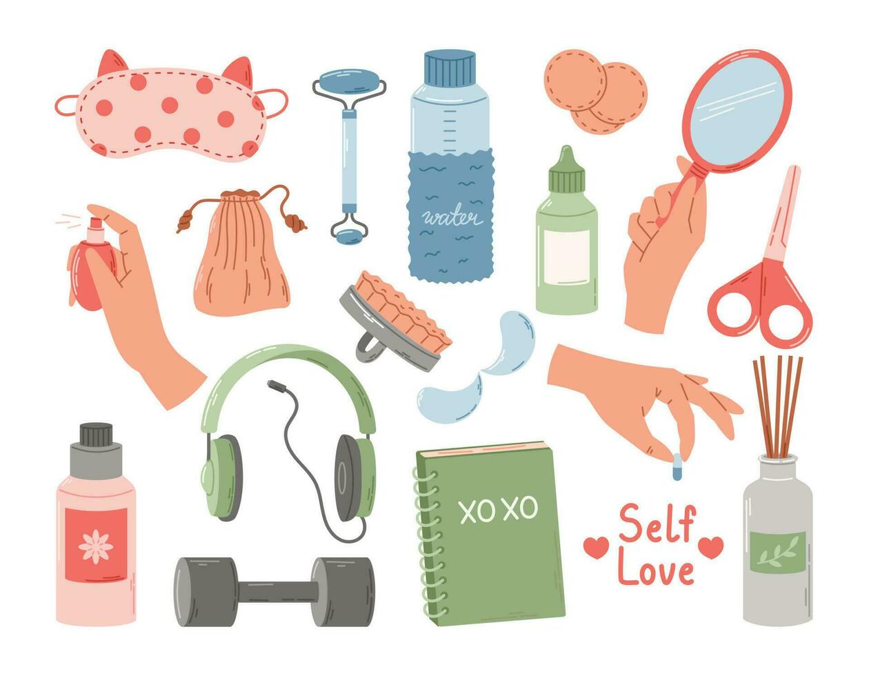 Taking care of your body and self love concept. Skin care, healthy spa, beauty products and cosmetics. Set of vector isolated flat elements.