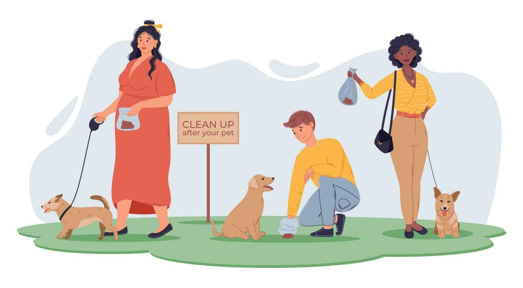 Clean up after your animals concept. Flat People walking their dogs on a leash in the park. Collecting animal excrement in a plastic bag. Vector isolated cartoon illustration of people.