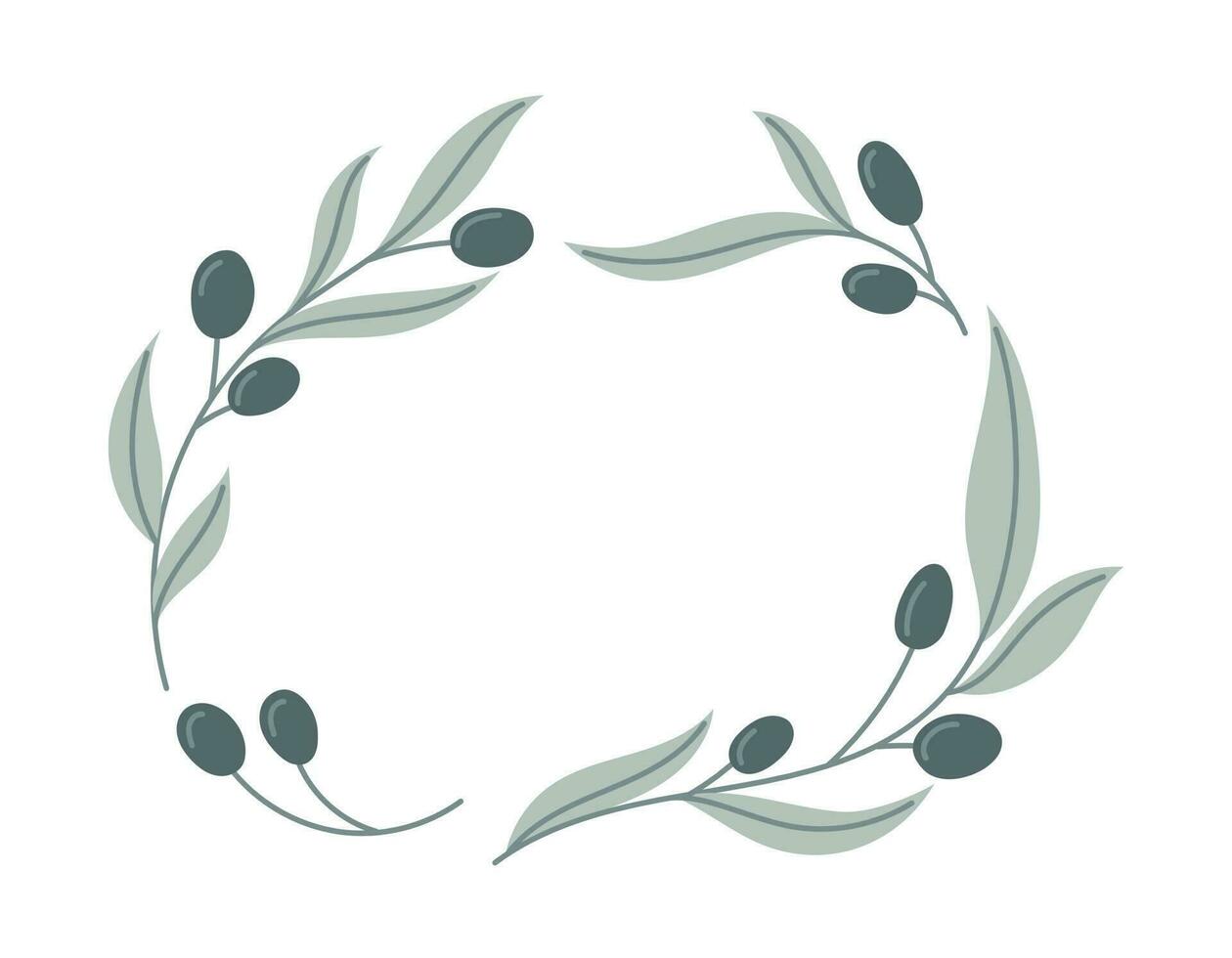 Frame of flat olive branches with leaves and berries. Vector isolated plant wreath.