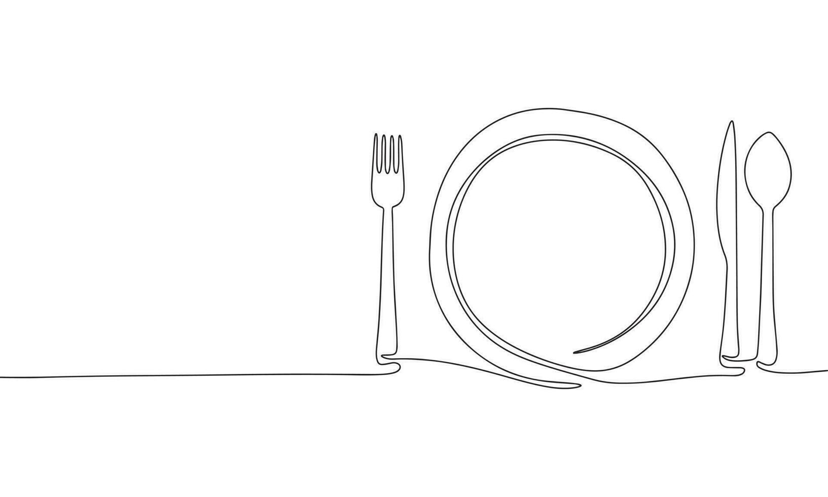 One line continuous concept for restaurant or cafe menu. Fork, plate, knife, spoon. Vector line art outline illustration.