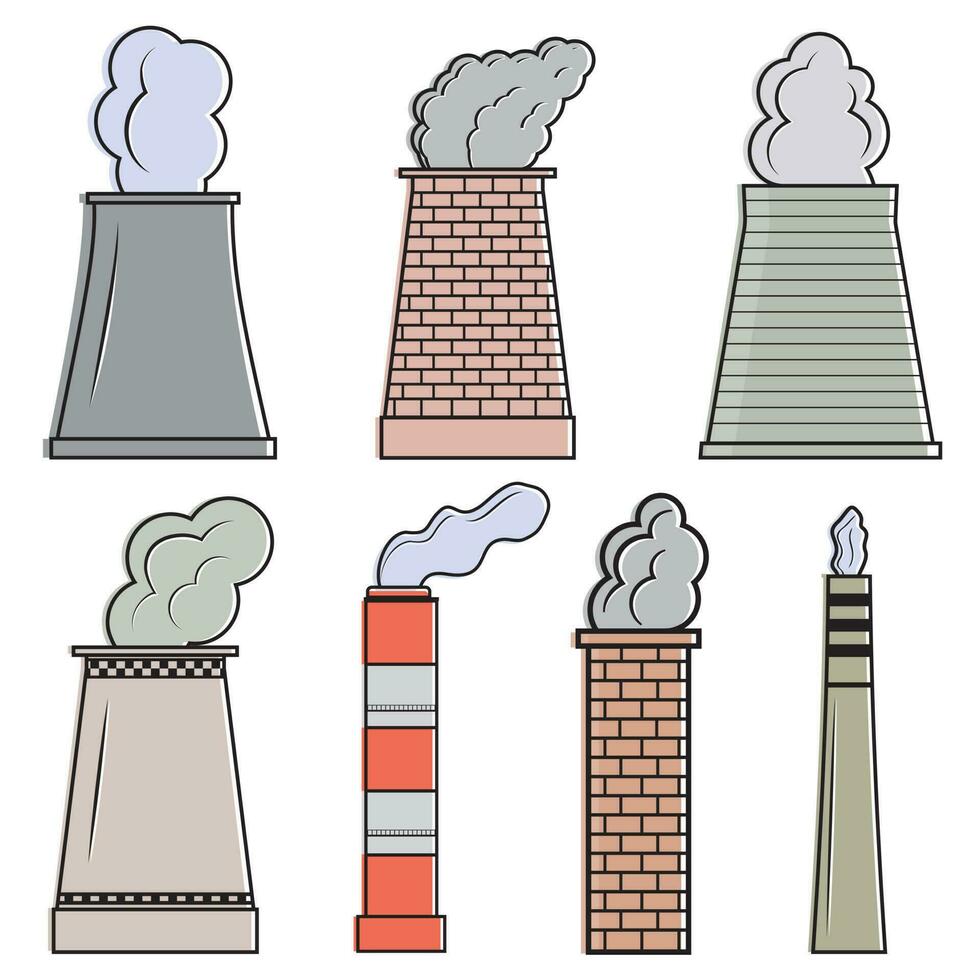 Industrial industrial chimney, flue pipes with toxic air, vector isolated illustration