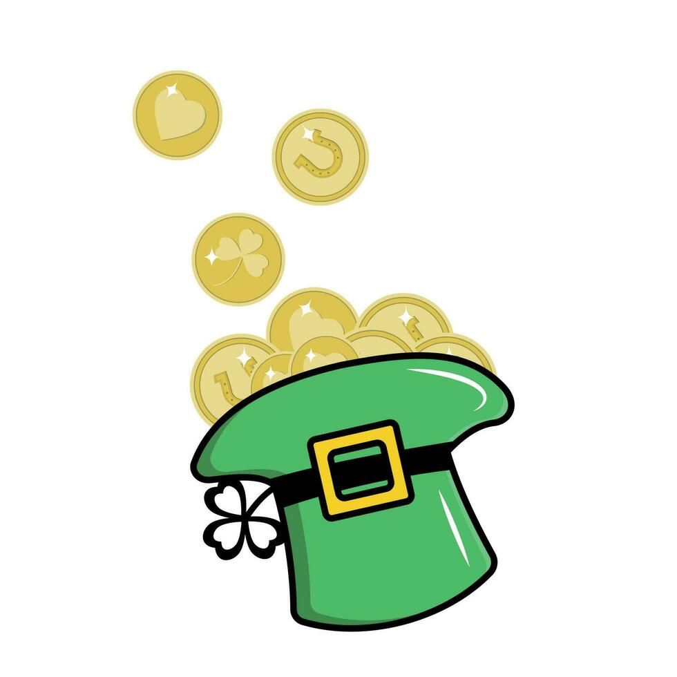 Festive Hat with clover with gold coins for Patrick's Day, black outline in doodle style vector