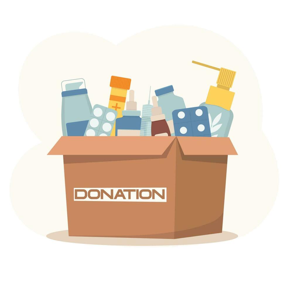 Medicines donation. Cardboard box full of different drugs and vitamins. Volunteering and social care concept. Support for poor people. International charity day. Vector illustration in cartoon style.