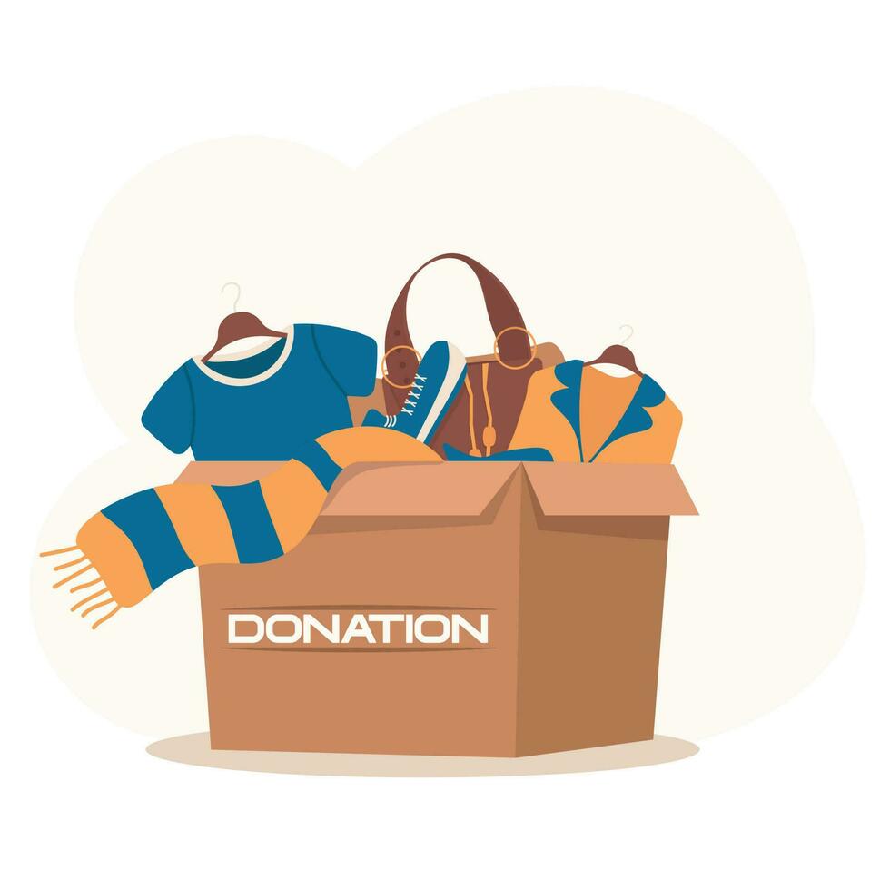 Clothes donation. Cardboard box full of different things. Volunteering and social care concept. Support for poor people. International charity day. Vector illustration in cartoon style.