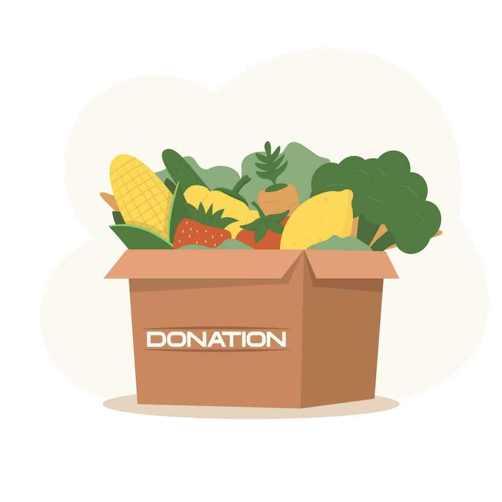 Food donation box vector with different vegetables in it. Charity card-box with food. Food delivery. Card-box from a supermarket with groceries