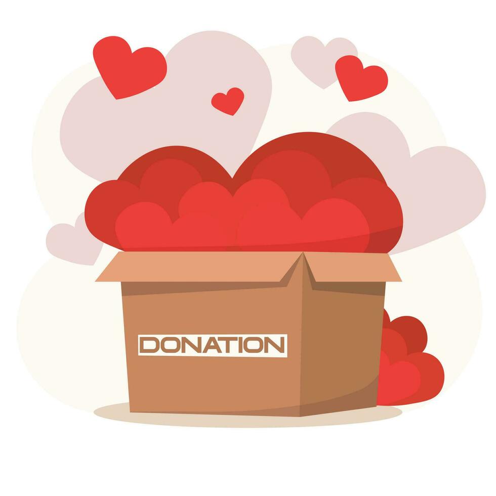 donación caja lleno de corazones. paquete caja de tarjetas con amor y ayuda símbolo. vector ilustración