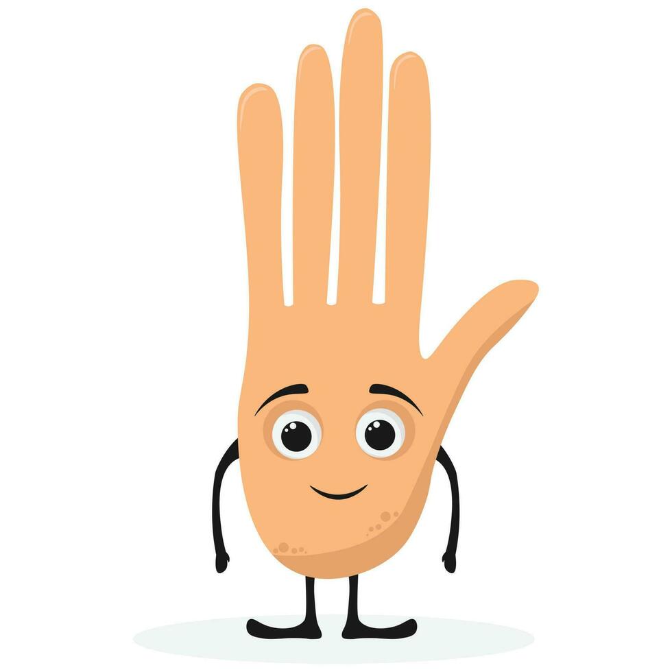Cute smiling happy human hand character. Palm mascot with emotion. Vector flat illustration