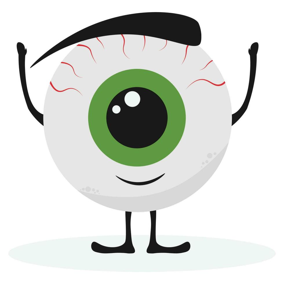 Cute happy eye character with eyebrow. Kawaii eyeball muscot in flat vector style