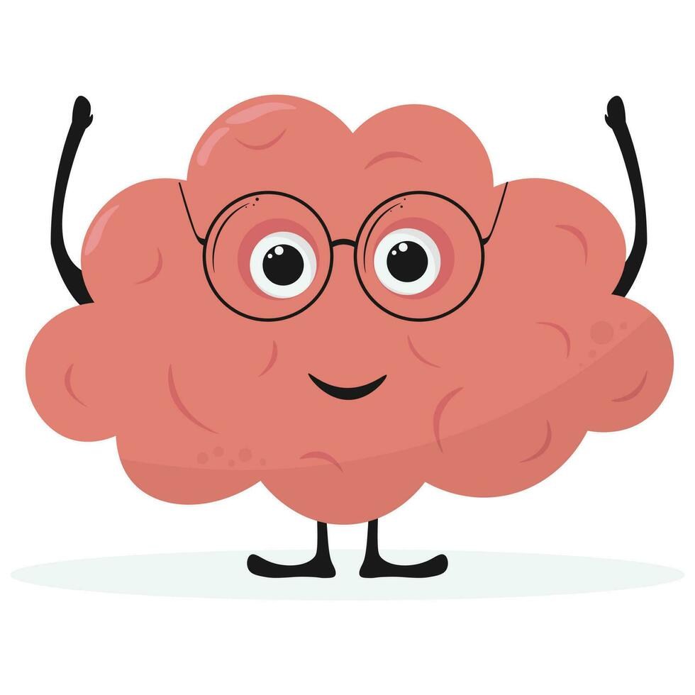 Cute cartoon happy brain in glasses illustration. Flat cartoon human organ character brain mascot icon design vector