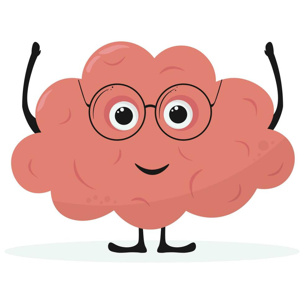 Cute cartoon happy brain in glasses illustration. Flat cartoon human organ character brain mascot icon design vector