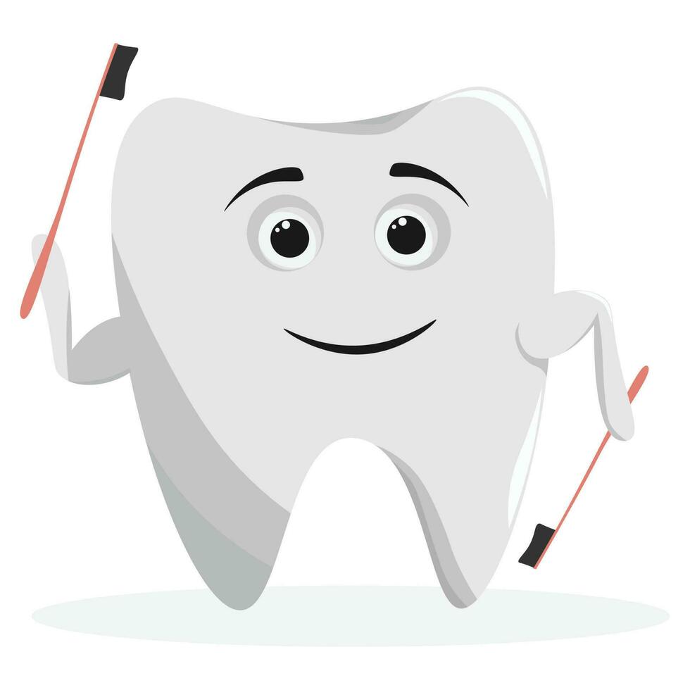 Cute Happy character tooth mascot holding toothbrush vector cartoon illustration