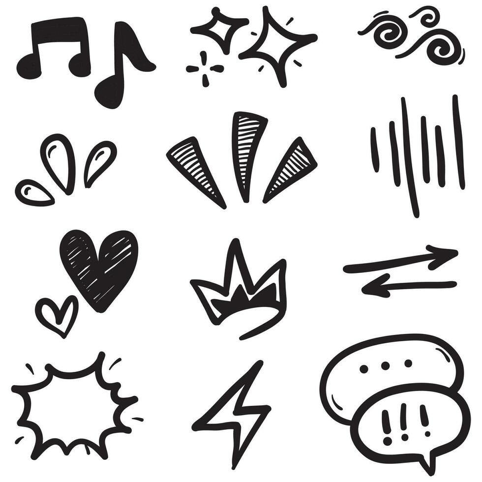 Conjunto de vectores de doodle de signo de expresión de dibujos animados dibujados a mano, flechas direccionales de curva, elementos de diseño de efectos de emoticonos, símbolos de emoción de personaje de dibujos animados, lindas líneas de trazo de pincel decorativo.