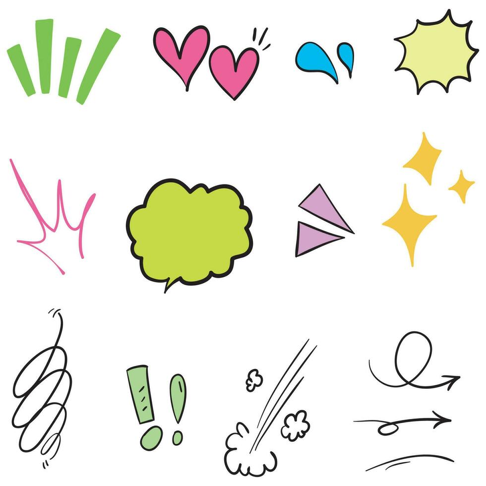 Vector set of hand-drawn cute cartoony expression sign doodle line stroke. movement drawing, curve directional arrows, emoticon effects design elements, cartoon character emotion symbols,