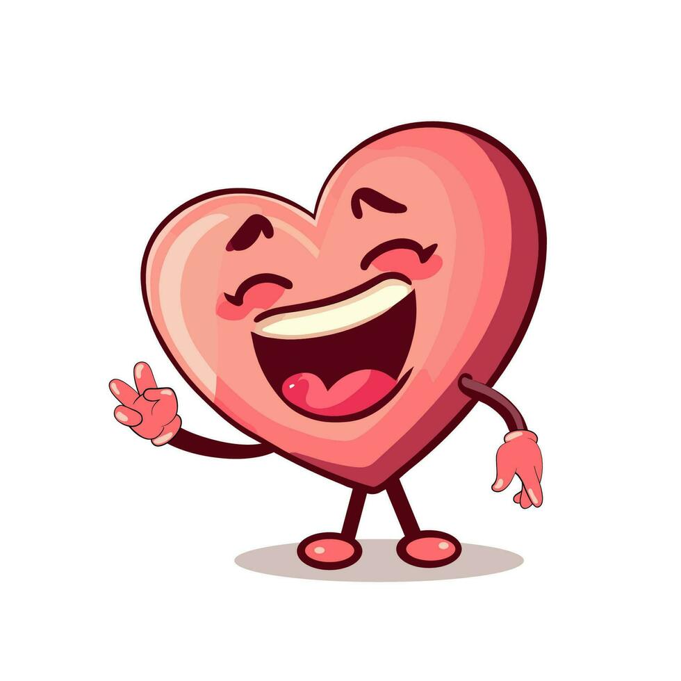 A pink heart with a happy face is standing and smiling. Cartoon happy human heart. vector