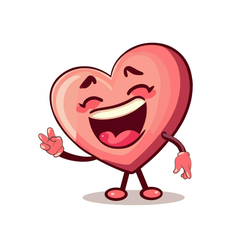 un rosado corazón con un contento cara es en pie y sonriente. dibujos animados contento humano corazón. vector