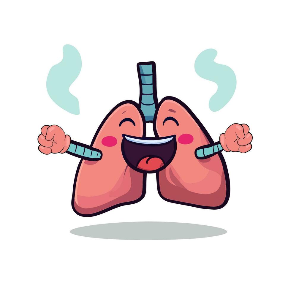 Lungs cartoon illustration with air coming out of it. Happy cheerful lungs. vector