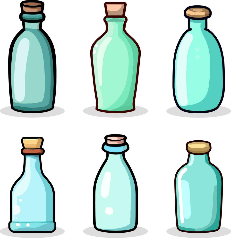 Set of different bottles of different sizes and colors. vector