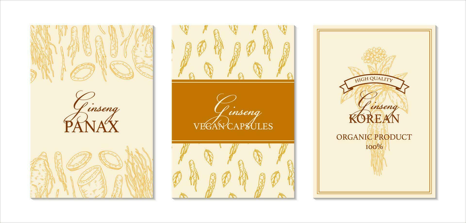 Ginseng design. Hand drawn botanical vector illustration in sketch style. Can be used for packaging, label, badge, logo. Herbal medicine background