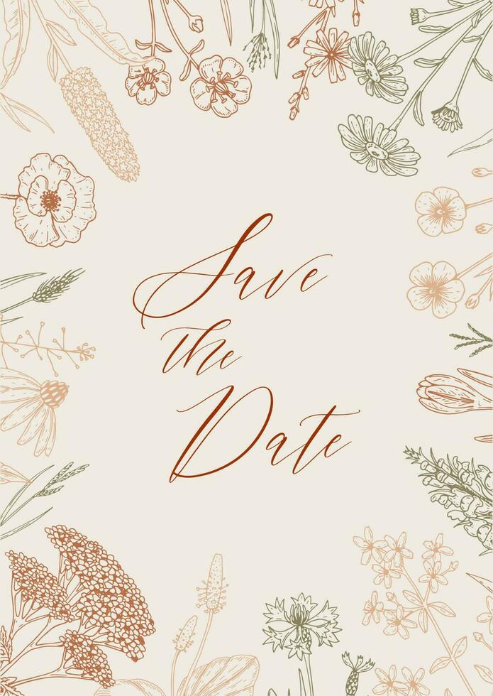 Wedding invitation with hand drawn summer herbs. Vertical wildflowers design. Vector illustration in sketch style. Meadow flowers aesthetic background