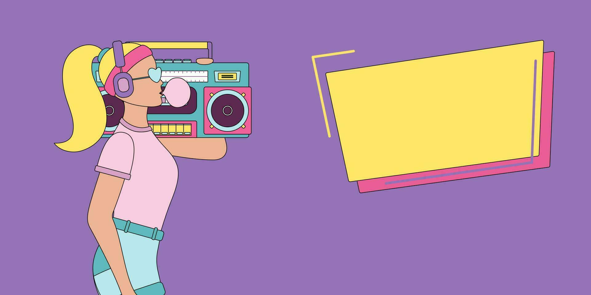 Fashionable girl with tape recorder. Retro fashion style from 80-90s. Vector illustration with background.