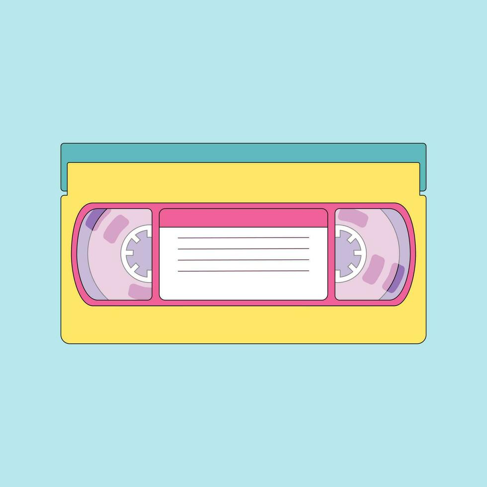 VHS Cassette, video tape record system. 80-90s Style. Old style tape. Retro vintage cover. Vector cartoon illustration.