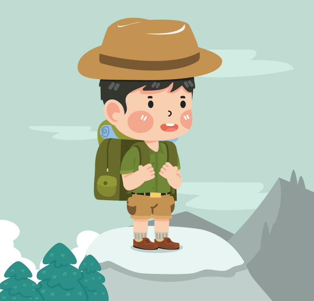 Kid climber standing on the top of mountain vector